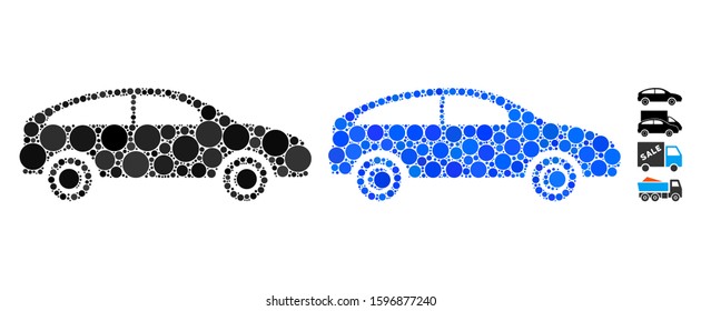 Hatchback mosaic of filled circles in various sizes and color tinges, based on hatchback icon. Vector filled circles are composed into blue mosaic. Dotted hatchback icon in usual and blue versions.