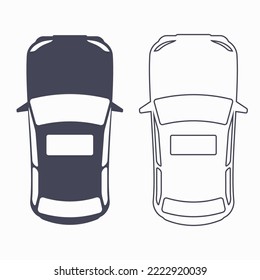 Hatchback passenger car top view silhouette and line icon. Flat vector illustration isolated on white background.