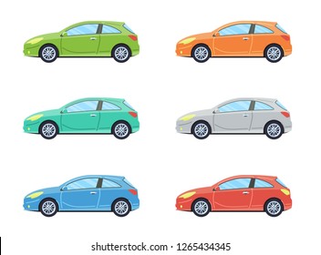 Hatchback Personal Car. Side View Cars In Different Colors. Flat Style. Vector Illustration.