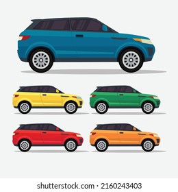 Auto personal de Hatchback. Carros con vistas laterales de diferentes colores. Estilo plano. Ilustración vectorial.