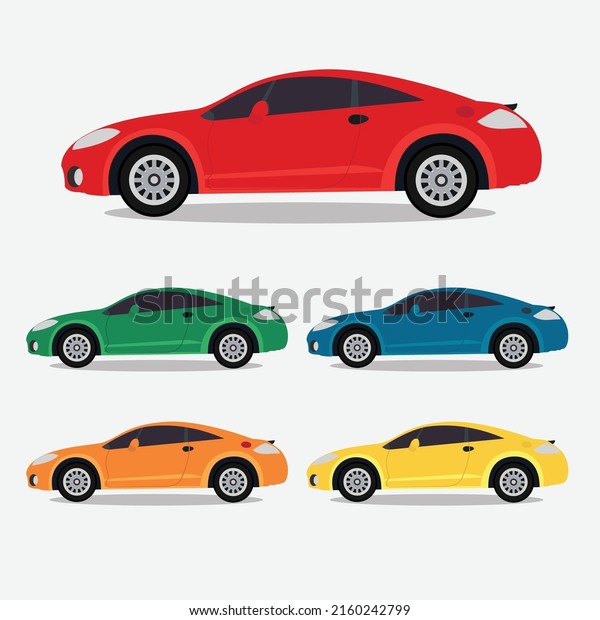 Hatchback personal car. Side view\
cars in different colors. Flat style. Vector\
illustration.