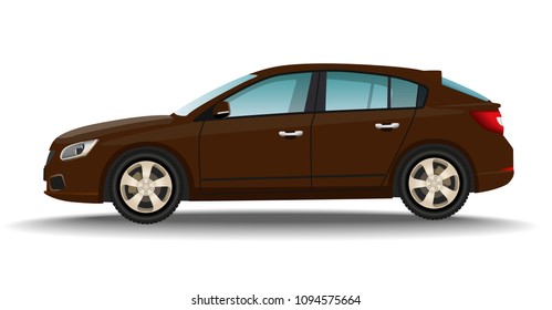 Hatchback red car on white background. Luxury vehicle. Realistic automobile side view. Personal transport concept.