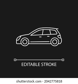 Hatchback white linear icon for dark theme. Cheap sports car. Auto with two-box design. Thin line customizable illustration. Isolated vector contour symbol for night mode. Editable stroke