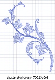 Hatched branch in hand drawn style. Blue ink on a schools checkered background. 