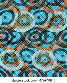 Hatched with circles on blue.Hand drawn with ink and marker brush seamless background.