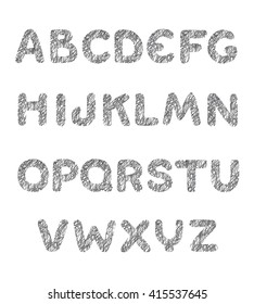 Hatched font. Chaotic scratched alphabet. Vector typeface. Hand-drawn typography.
