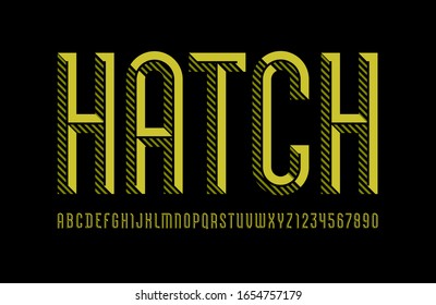 Hatched font, trendy striped alphabet sans serif, modern condensed letters and numbers