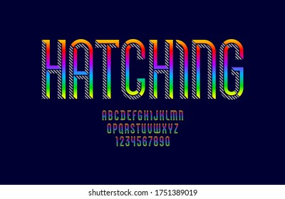 Hatched font, trendy striped alphabet with gradient color, modern condensed Latin letters from A to Z and Arab numbers from 0 to 9, vector illustration 10EPS