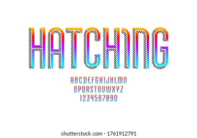 Hatched font, trendy striped alphabet with gradient color, modern condensed Latin letters from A to Z and Arab numbers from 0 to 9, vector illustration 10EPS