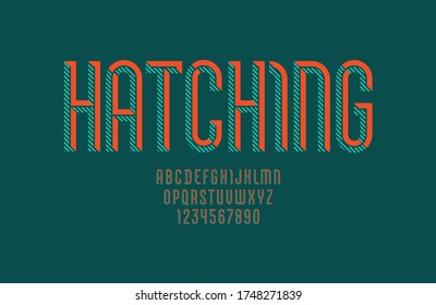 Hatched font, trendy striped flat color alphabet sans serif, modern condensed Latin letters from A to Z and Arab numbers from 0 to 9, vector illustration 10EPS