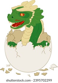 Hatched green wooden dragon with paws in egg. Vector illustration of a wooden little dragon hatched from an egg. Baby dragon in an egg with paws, small horns, teeth, whiskers, horny scales