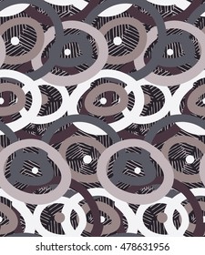 Hatched grid overlaying brown circles.Hand drawn with ink and marker brush seamless background.