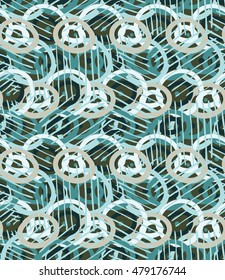 Hatched grid overlaying circles.Hand drawn with ink and marker brush seamless background.