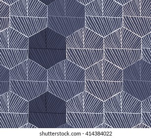 Hatched hexagons colored blue.Simple hatched geometrical pattern.Hand drawn with ink seamless background.Modern hipster style design.