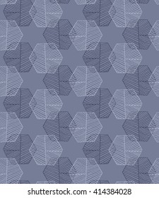 Hatched hexagons intersecting blue.Simple hatched geometrical pattern.Hand drawn with ink seamless background.Modern hipster style design.