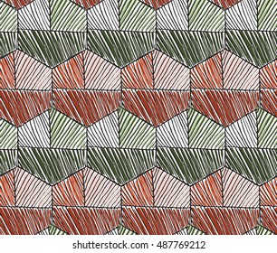 Hatched hexagons orange and green.Hand drawn with ink seamless background.