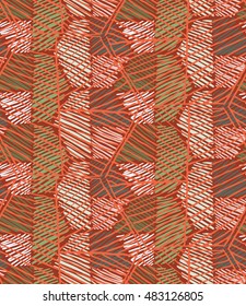 Hatched hexagons orange with grid.Hand drawn with ink seamless background.