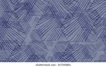 Hatched hexagons overlapping on blue.Simple hatched geometrical pattern.Hand drawn with ink seamless background.Modern hipster style design.
