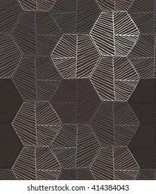 Hatched hexagons randomly colored on brown.Simple hatched geometrical pattern.Hand drawn with ink seamless background.Modern hipster style design.