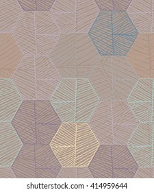 Hatched hexagons randomly colored with seam.Simple hatched geometrical pattern.Hand drawn with ink seamless background.Modern hipster style design.