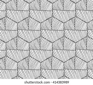 Hatched hexagons with seam horizontal.Black and white simple hatched geometrical pattern.Hand drawn with ink seamless background.Modern hipster style design.