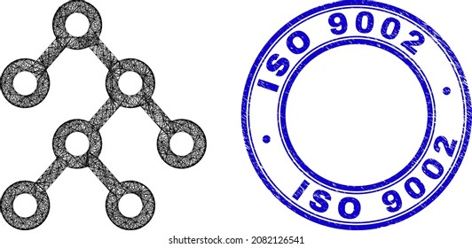 Hatched irregular mesh binary structure icon, and ISO 9002 scratched round seal. Abstract lines form binary structure object. Blue seal has ISO 9002 tag inside circle form.