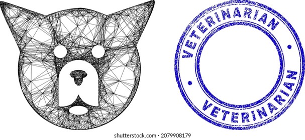 Hatched irregular mesh dog head icon, and Veterinarian corroded round seal. Abstract lines are combined into dog head illustration. Blue seal includes Veterinarian text inside round shape.