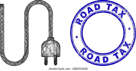 Hatched irregular mesh electrical cord icon with Road Tax dirty round seal. Abstract lines form electrical cord picture. Blue seal has Road Tax caption inside round form.