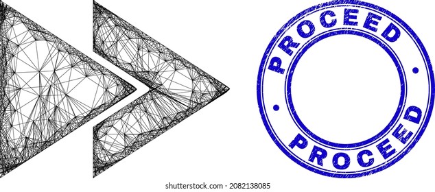 Hatched irregular mesh fast forward icon with Proceed rubber round stamp seal. Abstract lines form fast forward illustration. Blue stamp seal contains Proceed tag inside circle form.