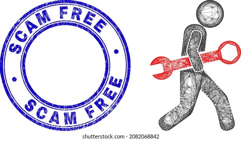 Hatched irregular mesh guy steal wrench icon with Scam Free dirty round seal imitation. Abstract lines form guy steal wrench illustration. Blue stamp seal contains Scam Free caption inside round form.