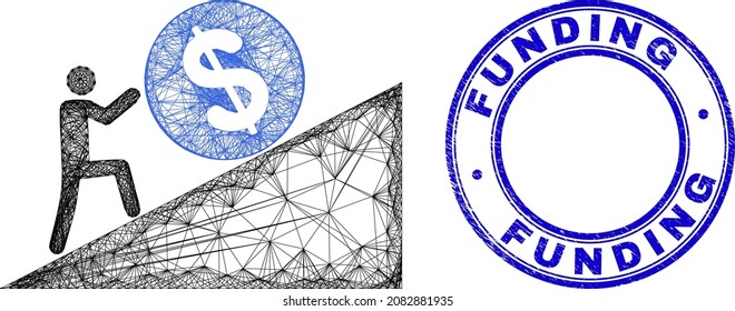 Hatched Irregular Mesh Man Rolling Dollar Up Icon With Funding Textured Round Seal. Abstract Lines Form Man Rolling Dollar Up Object. Blue Seal Has Funding Tag Inside Round Form.