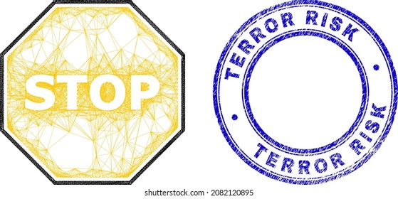 Hatched irregular mesh octagon warning stop icon, and Terror Risk grunge round seal print. Abstract lines form octagon warning stop picture.