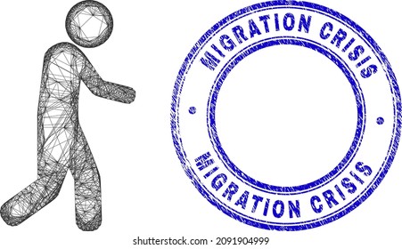 Hatched irregular mesh pedestrian icon, and Migration Crisis grunge round stamp seal. Abstract lines form pedestrian object. Blue stamp seal contains Migration Crisis text inside circle form.