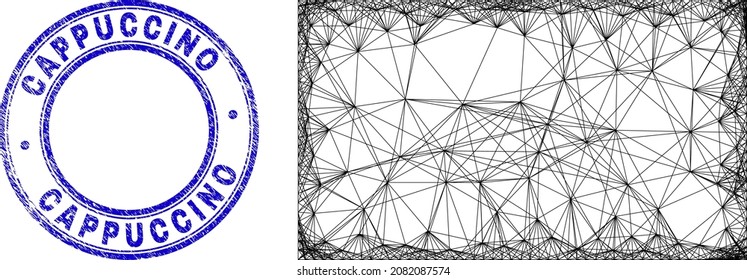 Hatched irregular mesh rectangle icon with Cappuccino Coffee corroded round stamp. Abstract lines form rectangle illustration. Blue stamp seal has Cappuccino Coffee title inside round form.