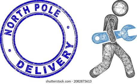 Hatched irregular mesh spanner courier icon, and North Pole Delivery grunge round seal. Abstract lines form spanner courier illustration.