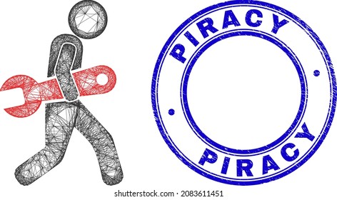 Hatched irregular mesh spanner robber icon with Piracy dirty round seal print. Abstract lines are combined into spanner robber illustration. Blue seal includes Piracy tag inside round shape.