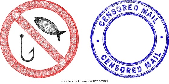 Hatched irregular mesh stop fishing icon, and Censored Mail unclean round seal. Abstract lines form stop fishing picture. Blue stamp seal has Censored Mail caption inside round form.