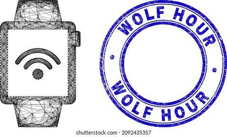 Hatched irregular mesh wifi watches icon, and Wolf Hour corroded round stamp seal. Abstract lines form wifi watches picture. Blue stamp includes Wolf Hour caption inside round form.