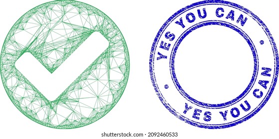 Hatched irregular mesh yes icon, and Yes You Can grunge round seal print. Abstract lines are combined into yes picture. Blue seal has Yes You Can caption inside round form.
