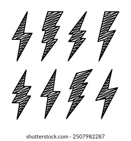 Hatched lightning bolt icons collection. Hand drawn flash symbol, thunderbolt. Simple lightning strike sign. Vector illustration
