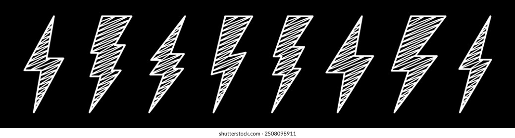 Hatched lightning bolt icons collection. Hand drawn flash symbol, thunderbolt. Simple lightning strike sign. Vector illustration