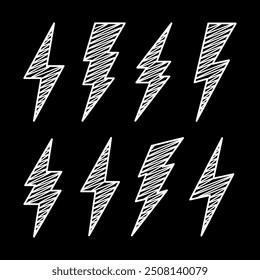Hatched lightning bolt icons collection. Hand drawn flash symbol, thunderbolt. Simple lightning strike sign. Vector illustration