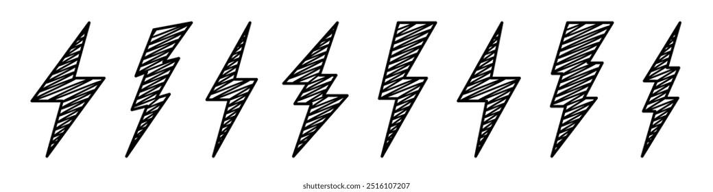 Colección de iconos de relámpagos empotrados. Símbolo de destello dibujado a mano, rayo. Sencillo signo de impacto de rayo. Ilustración vectorial