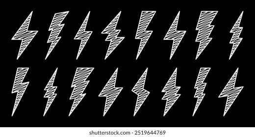 Hatched lightning bolt icons collection. Hand drawn flash symbol, thunderbolt. Simple lightning strike sign. Vector illustration
