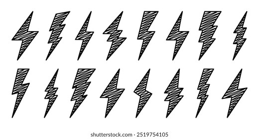 Hatched lightning bolt icons collection. Hand drawn flash symbol, thunderbolt. Simple lightning strike sign. Vector illustration