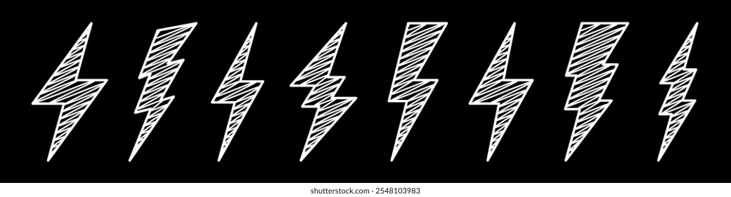 Hatched lightning bolt icons collection. Hand drawn flash symbol, thunderbolt. Simple lightning strike sign. Vector illustration