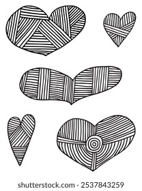 Hatched love icon clipart set. Doodle hand-drawn hearts isolated on a white background. Love, Valentine's, abstract collection.