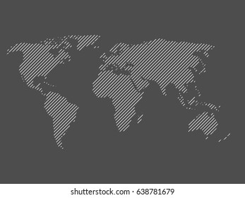 Hatched map of world. Striped design vector illustration on grey background.