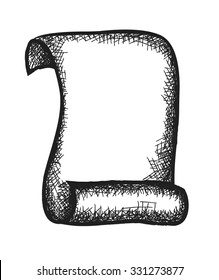 hatched old rolled up paper scroll doodle, vector illustration 