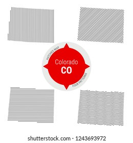 Hatched Pattern Vector Map of Colorado. Stylized Simple Silhouette of Colorado. Four Different Patterns. Illustration Isolated on White Background.